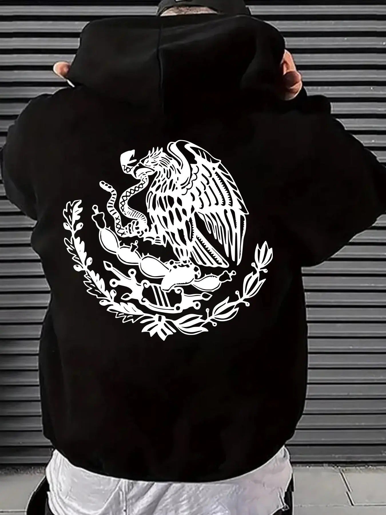 Men'WB shield Regular Fit Eagle Print Drop Shoulder Hoodie, Casual Comfy Drawstring Pocket Hooded Sweatshirt for Daily...