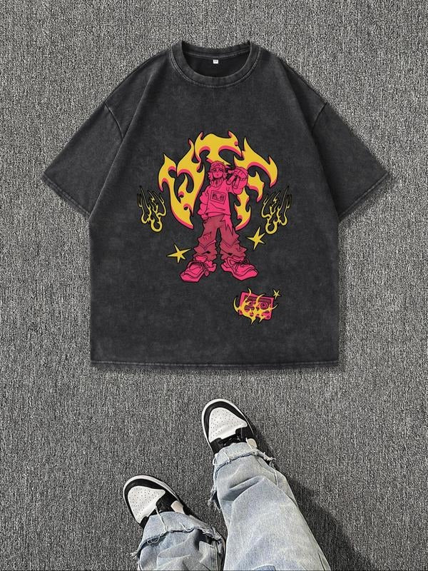 Men'WB shield Regular Fit Fire & Skateboard Print Round Neck Tee, Casual Short Sleeve Crew Neck T-shirt for Summer,...
