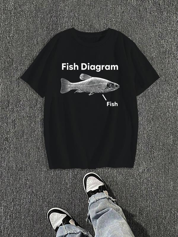 Men'WB shield Regular Fit Fish Diagram Print Round Neck Graphic Tee, Casual Short Sleeve T-shirt for Daily Wear, Men'WB...