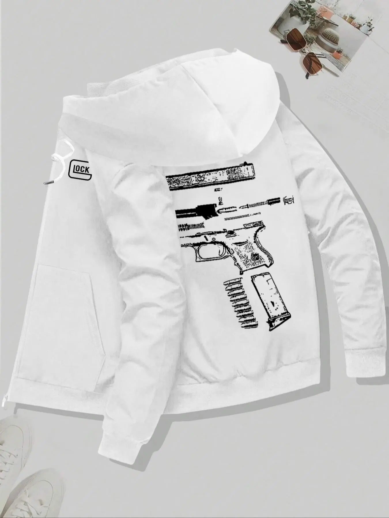 Men'WB shield Regular Fit Gun & Letter Print Hoodie, Casual Comfy Drawstring Long Sleeve Hooded Sweatshirt for Daily...