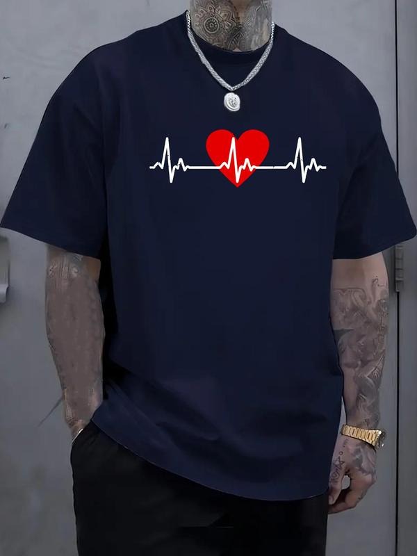 Men'WB shield Regular Fit Heartbeat Print Round Neck Tee, Casual Short Sleeve Crew Neck T-shirt for Daily Wear, Fashion...