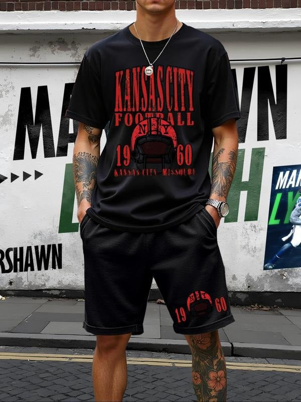 Men'WB shield Regular Fit Helmet Print Short Sleeve Graphic Tee & Short Set, Casual Round Neck T-shirt & Shorts, Men'WB...