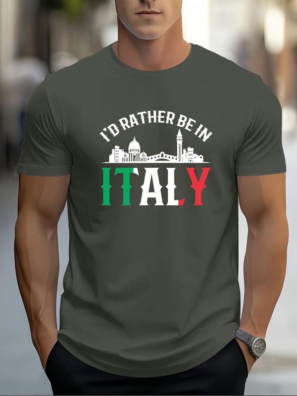 Men'WB shield Regular Fit Italy Flag & Letter Print Round Neck Tee, Casual Short Sleeve T-shirt for Daily Wear, Men'WB...