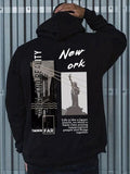 Men'WB shield Regular Fit Landscape Print Drop Shoulder Hoodie, Fashion Casual Letter Print Drawstring Pocket Hooded...