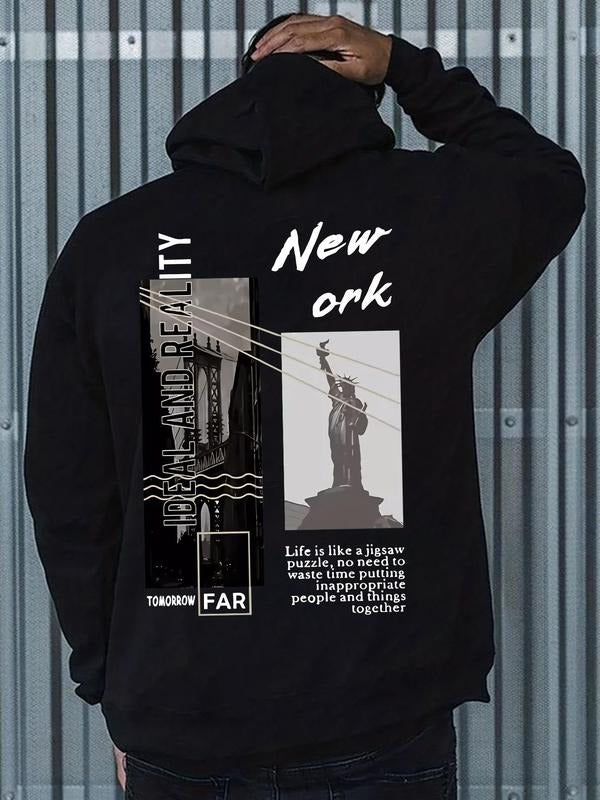 Men'WB shield Regular Fit Landscape Print Drop Shoulder Hoodie, Fashion Casual Letter Print Drawstring Pocket Hooded...