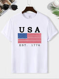 Men'WB shield Regular Fit Letter & American Flag Print Round Neck Tee, Casual Comfy Short Sleeve T-shirt for Daily Wear,...