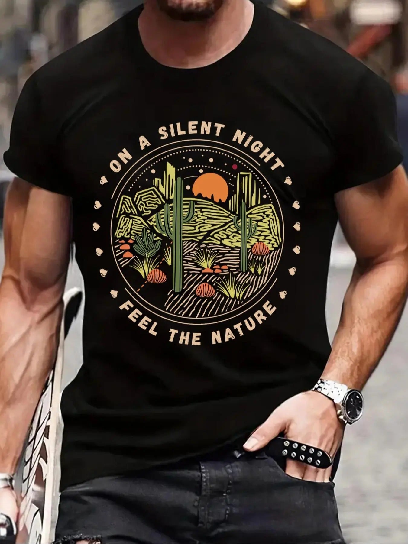Men'WB shield Regular Fit Letter & Cactus Print Round Neck Tee, Crew Neck Short Sleeve T-Shirt for Men, Casual Comfy...