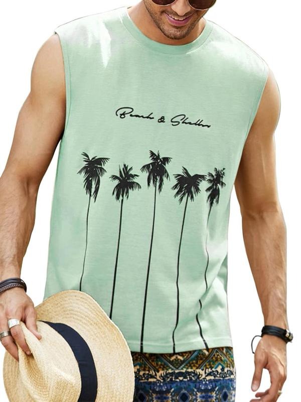 Men'WB shield Regular Fit Letter & Coconut Tree Print Round Neck Tank Top Summer TNF, Casual Sleeveless Top for Summer,...