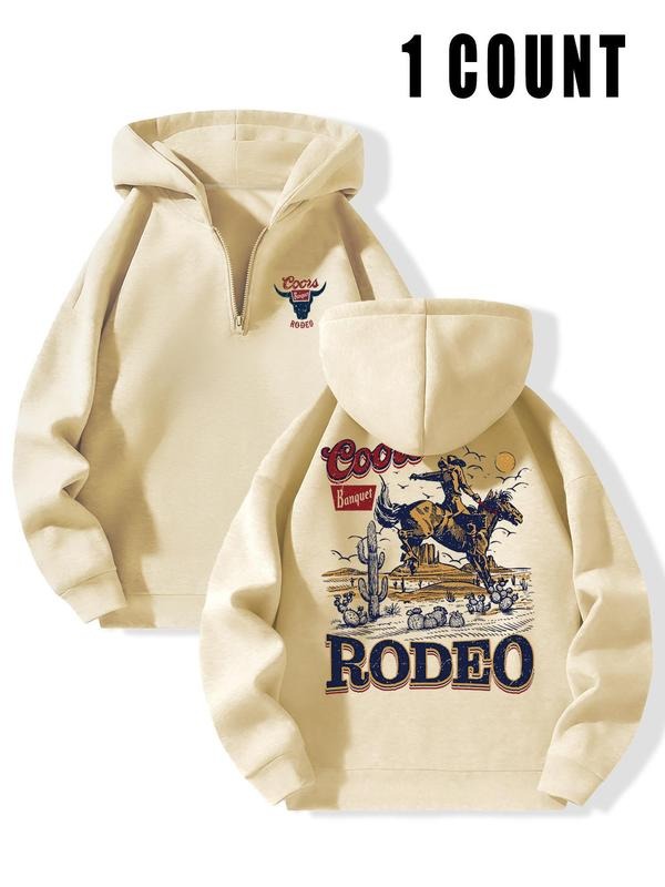 Men'WB shield Regular Fit Letter & Cowboy Print Zip Up TNF Lined Hoodie, Casual Drop Shoulder Long Sleeve Hooded...