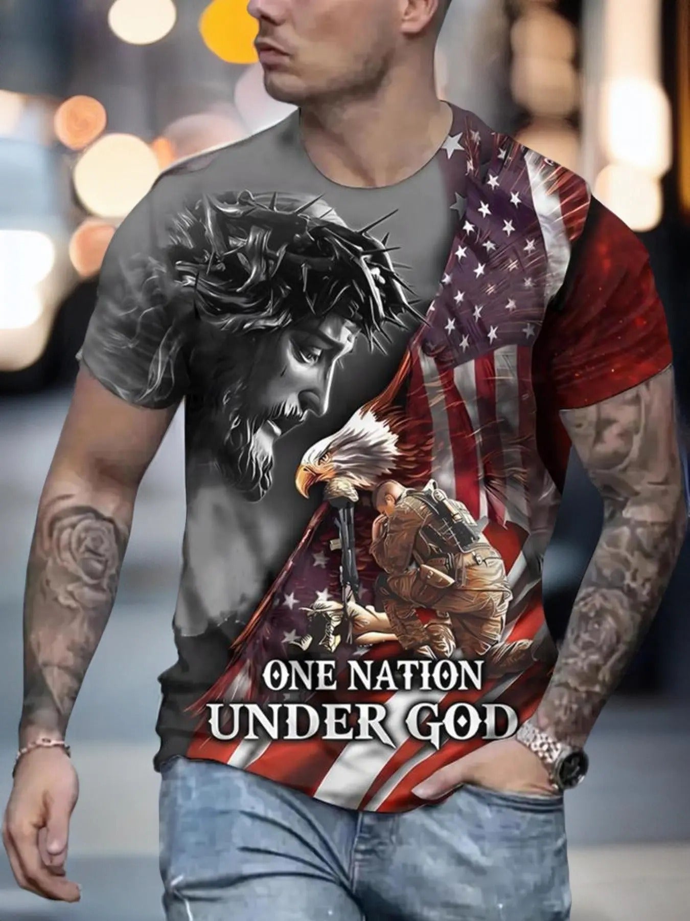 Men'WB shield Regular Fit Letter & Eagle Print Round Neck Short Sleeve Tee, Casual Graphic Crew Neck T-shirt for Daily...