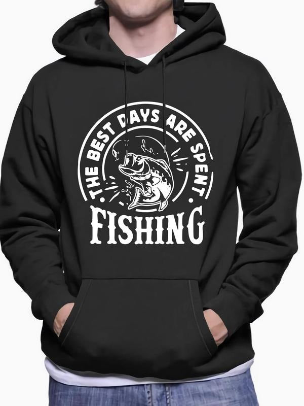Men'WB shield Regular Fit Letter & Fish Print Drop Shoulder Hoodie, Fashion Casual Drawstring Pocket Hooded Sweatshirt...