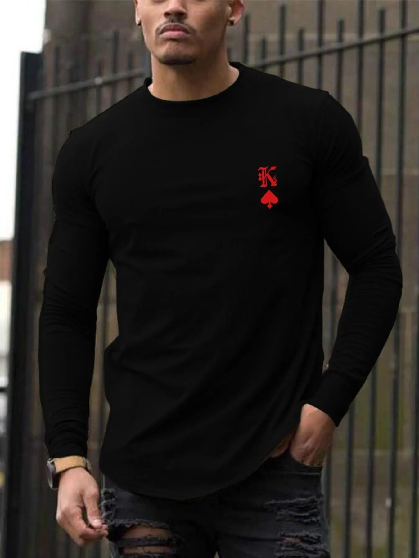 Men'WB shield Regular Fit Letter & Heart Print Round Neck Longsleeves Tee, Streetwear Tshirt, Casual Long Sleeve Crew...
