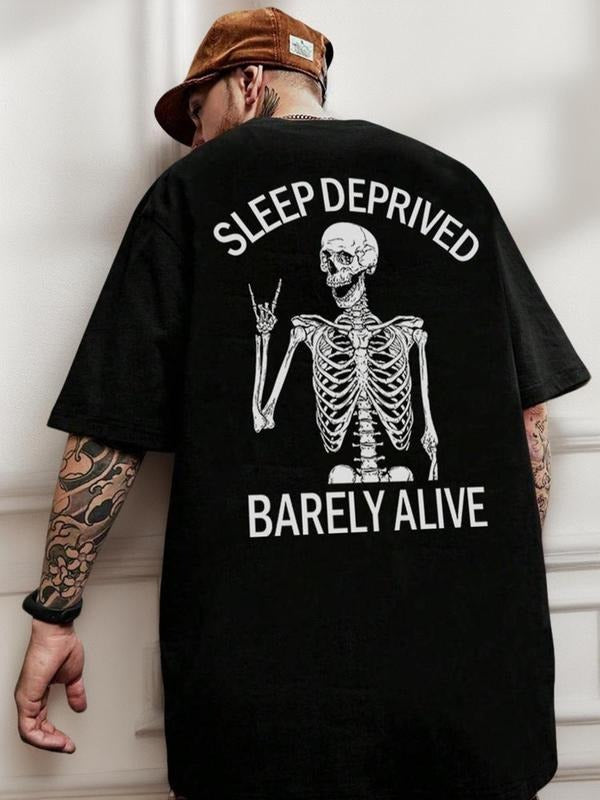 Men'WB shield Regular Fit Letter & Skeleton Print Drop Shoulder Tee, Street Fashion Casual FOG Comfy Round Neck Short...