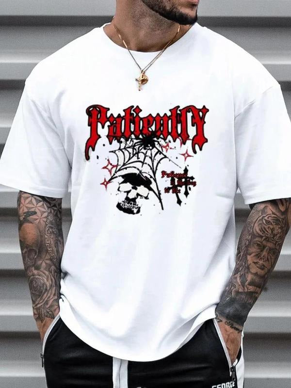 Men'WB shield Regular Fit Letter & Spider Web Print Round Neck Tee, Casual Short Sleeve Crew Neck T-shirt for Summer,...