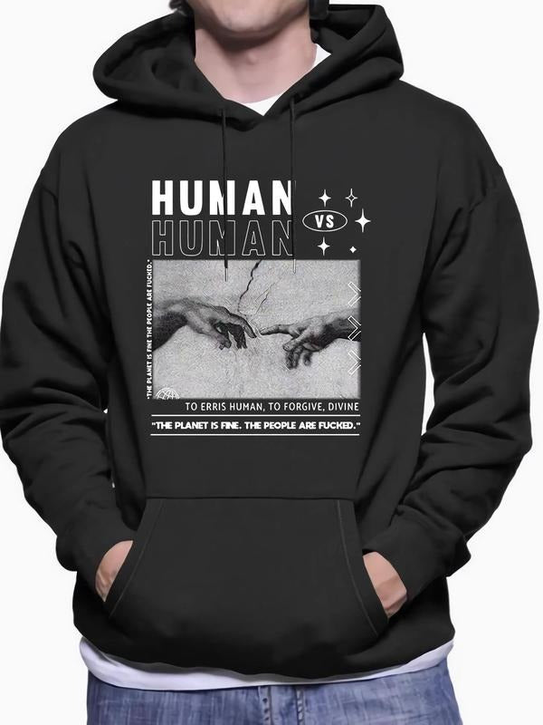 Men'WB shield Regular Fit Letter Print Drop Shoulder Drawstring Hoodie, Casual Comfy Hand Graphic Pocket Hooded...