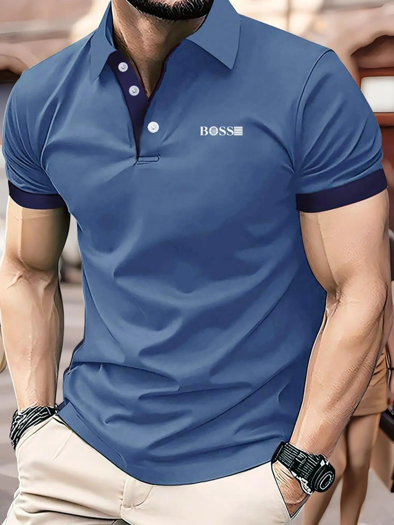 Men'WB shield Regular Fit Letter Print Polo Shirt, Casual Short Sleeve Collared Top for Summer, Fashion Men'WB shield TNF...