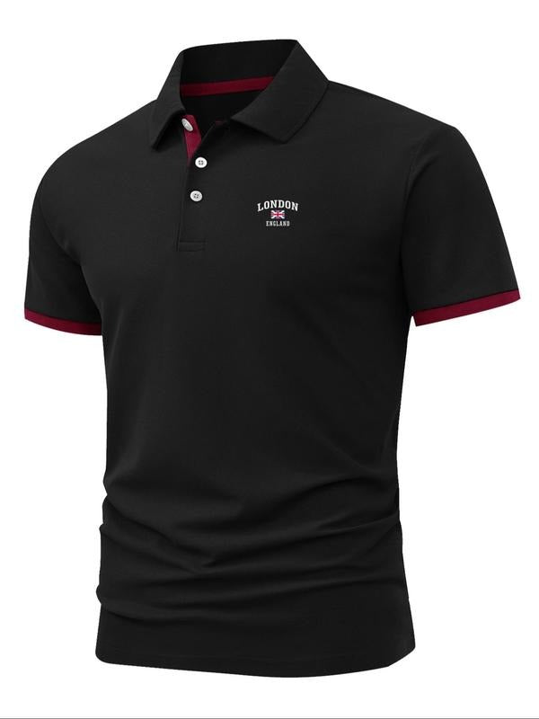 Men'WB shield Regular Fit Letter Print Polo Shirt, Casual Short Sleeve Collared Top for Summer, Fashion Men'WB shield TNF...