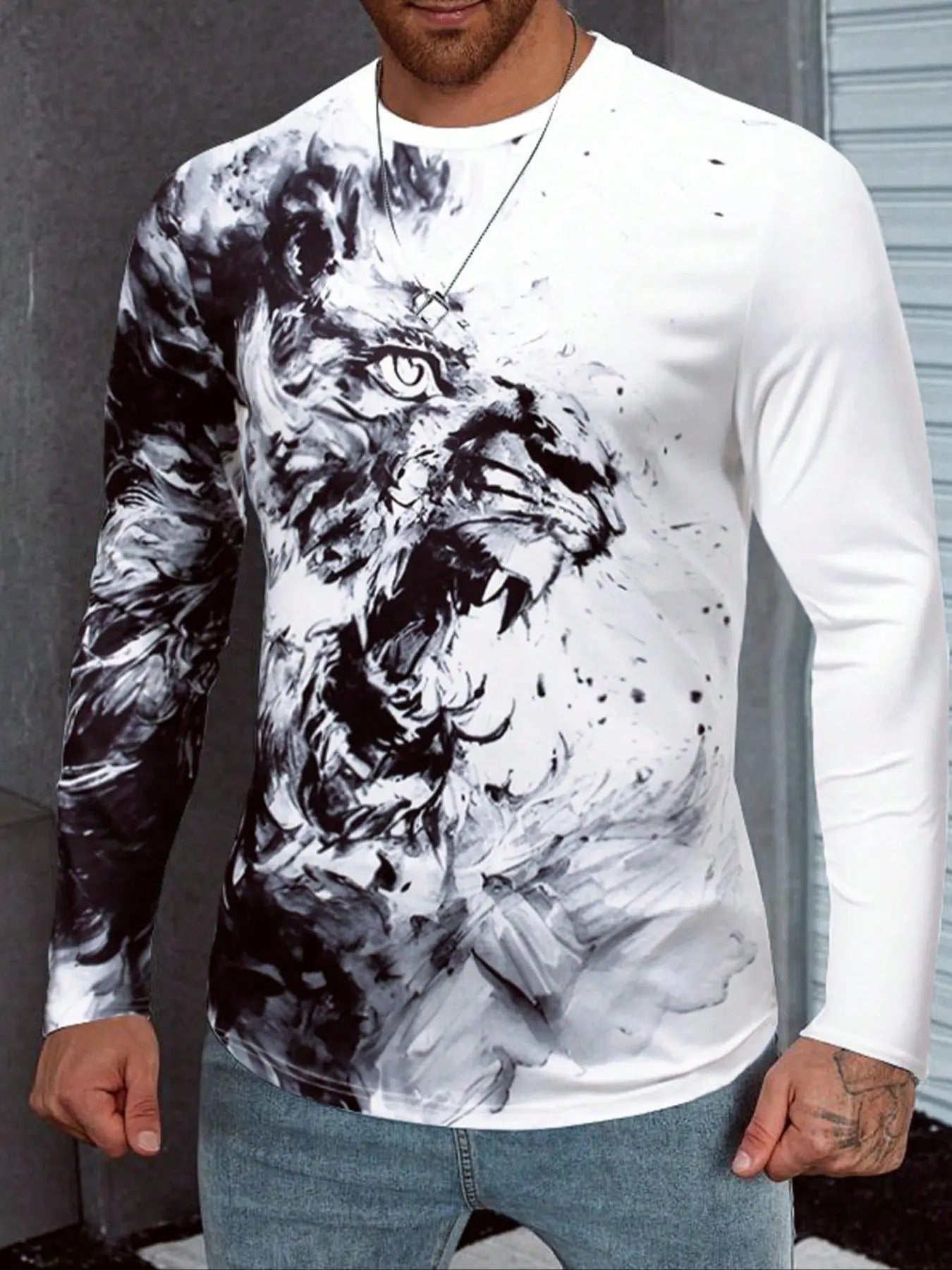 Men'WB shield Regular Fit Lion Print Long Sleeve Graphic Tee, Casual Round Neck T-Shirt for Summer, Fashion Men'WB shield...