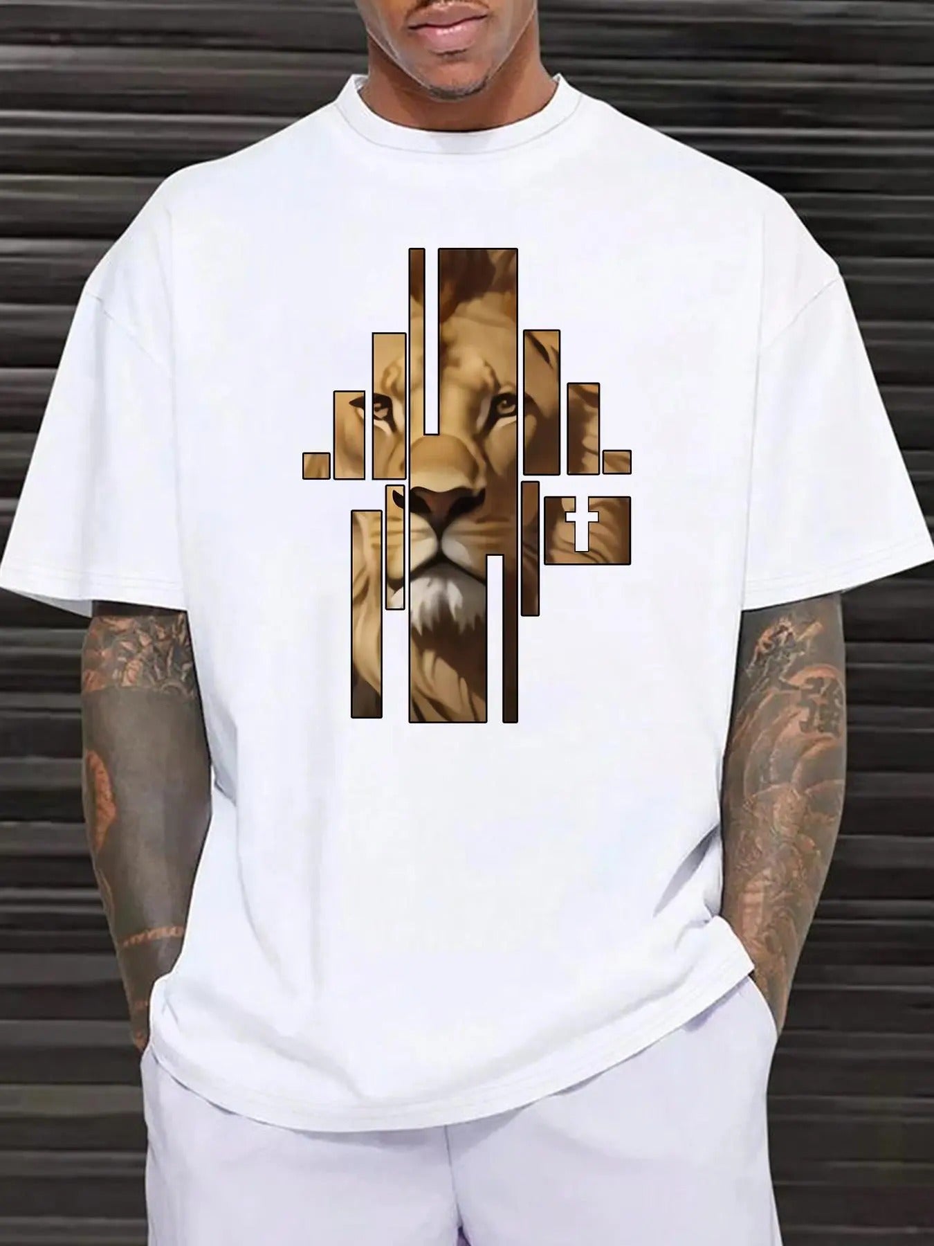 Men'WB shield Regular Fit Lion Print Round Neck Tee, Casual Short Sleeve Crew Neck T-Shirt for Summer, Fashion Men'WB...