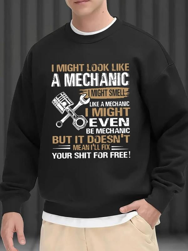 Men'WB shield Regular Fit Mechanic Print Drop Shoulder Sweatshirt, Casual Long Sleeve Round Neck Pullover for Fall &...