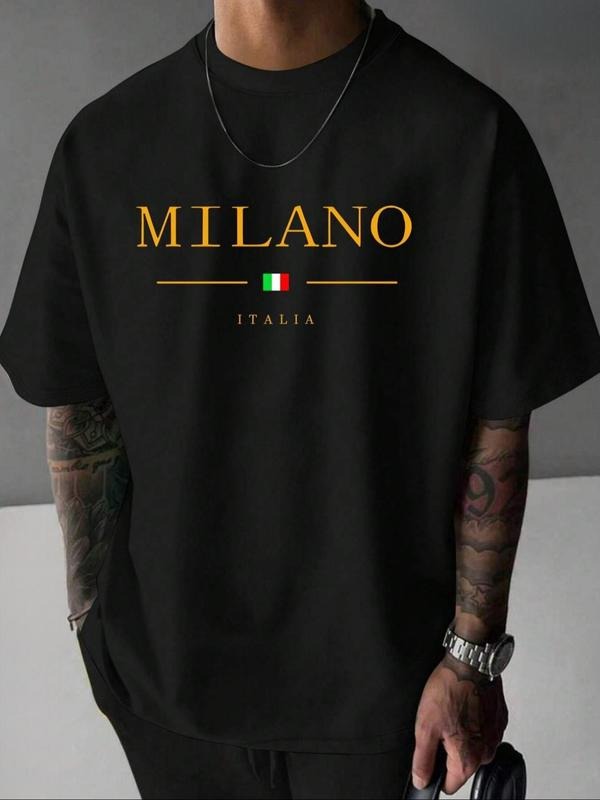 Men'WB shield Regular Fit Milano & Italy Flag Print Round Neck Tee, Casual Short Sleeve Crew Neck T-shirt for Summer,...