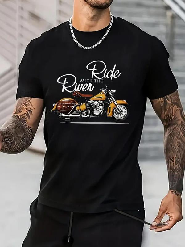 Men'WB shield Regular Fit Motorcycle & Letter Print Round Neck Graphic Tee, Casual Short Sleeve T-shirt for Daily Wear,...