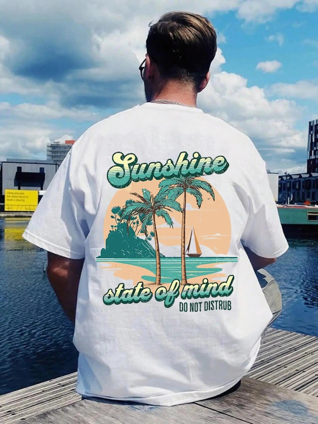 Men'WB shield Regular Fit Palm Tree & Sun Print Round Neck Graphic Tee, Casual Short Sleeve T-shirt for Daily Wear, Mens...