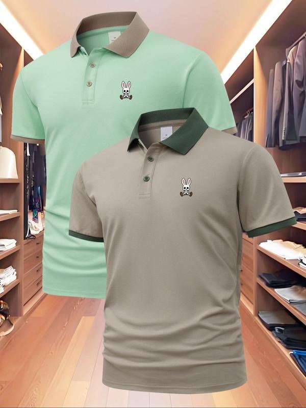Men'WB shield Regular Fit Rabbit Print Polo Shirt, Casual Short Sleeve Collared Top for Summer, Fashion Men'WB shield TNF...