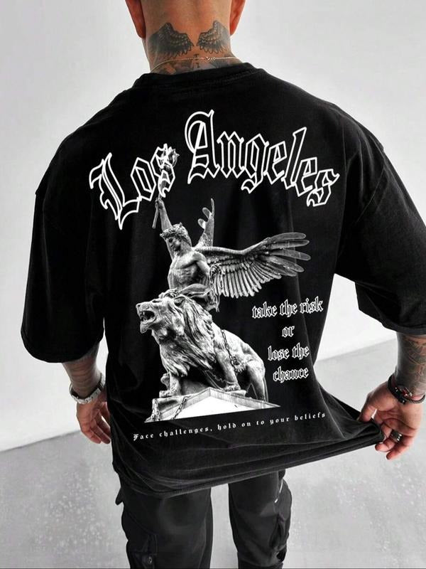 Men'WB shield Regular Fit Sculpture & Letter Print Drop Shoulder Round Neck Tee, Casual FOG Comfy Half Sleeve Crew Neck...