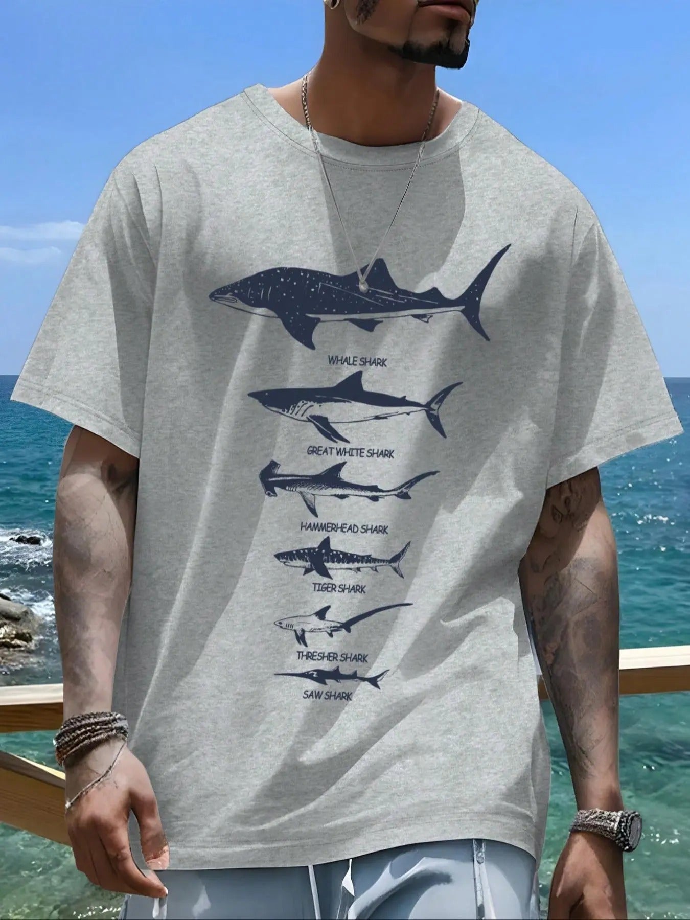 Men'WB shield Regular Fit Shark Print Round Neck Tee, Casual Short Sleeve T-shirt for Daily Wear, Men'WB shield Summer...