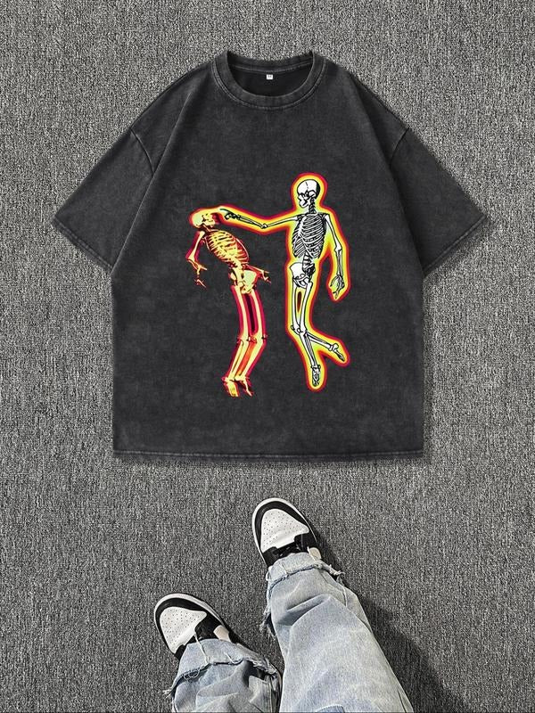 Men'WB shield Regular Fit Skeleton Print Round Neck Tee, Casual Short Sleeve Crew Neck T-shirt for Summer, Fashion Men'WB...