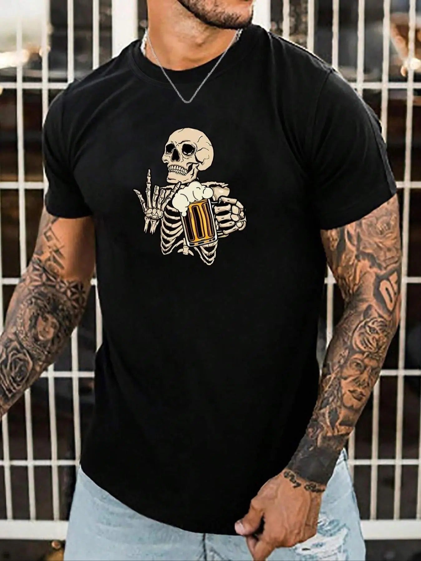 Men'WB shield Regular Fit Skeleton Print Round Neck Tee, Street Fashion Casual Short Sleeve T-shirt For Daily Holiday...