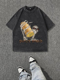 Men'WB shield Regular Fit Skull & Garlic Bread Print Round Neck Tee, Casual Short Sleeve Crew Neck T-shirt for Summer,...