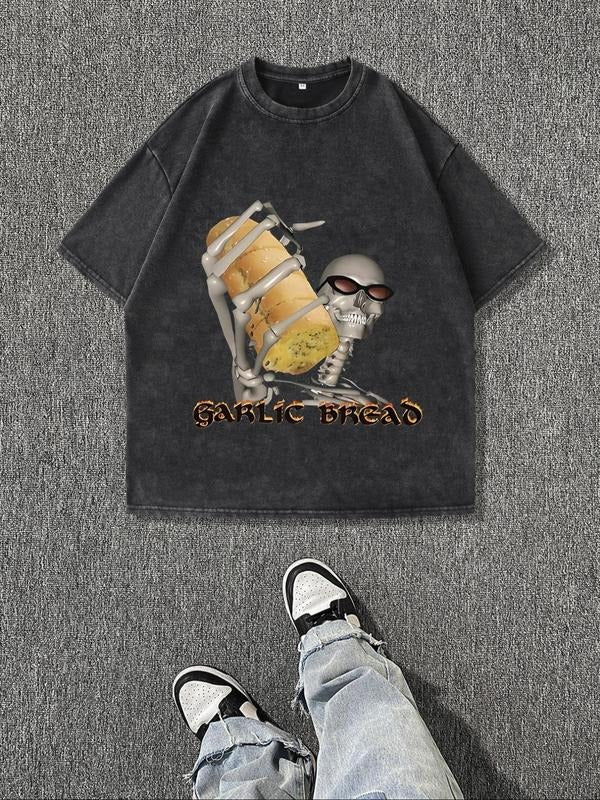 Men'WB shield Regular Fit Skull & Garlic Bread Print Round Neck Tee, Casual Short Sleeve Crew Neck T-shirt for Summer,...