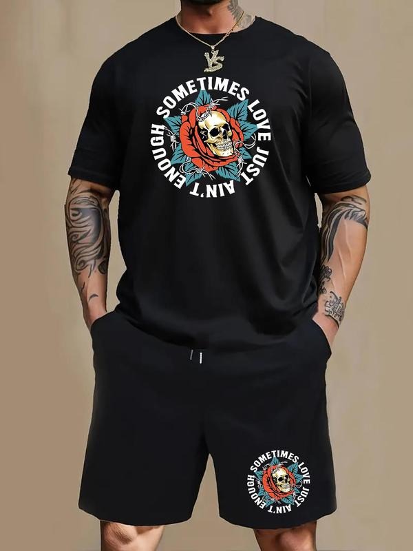 Men'WB shield Regular Fit Skull & Letter Print Short Sleeve Tee & Shorts Straw hat pirates Set, Casual Round Neck T-shirt...