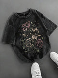 Men'WB shield Rose & Skeleton Print Short Sleeve Tee, Regular Fit Casual Graphic Round Neck T-shirt for Summer, Men'WB...