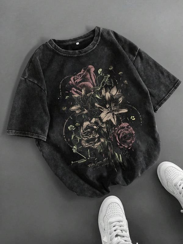 Men'WB shield Rose & Skeleton Print Short Sleeve Tee, Regular Fit Casual Graphic Round Neck T-shirt for Summer, Men'WB...