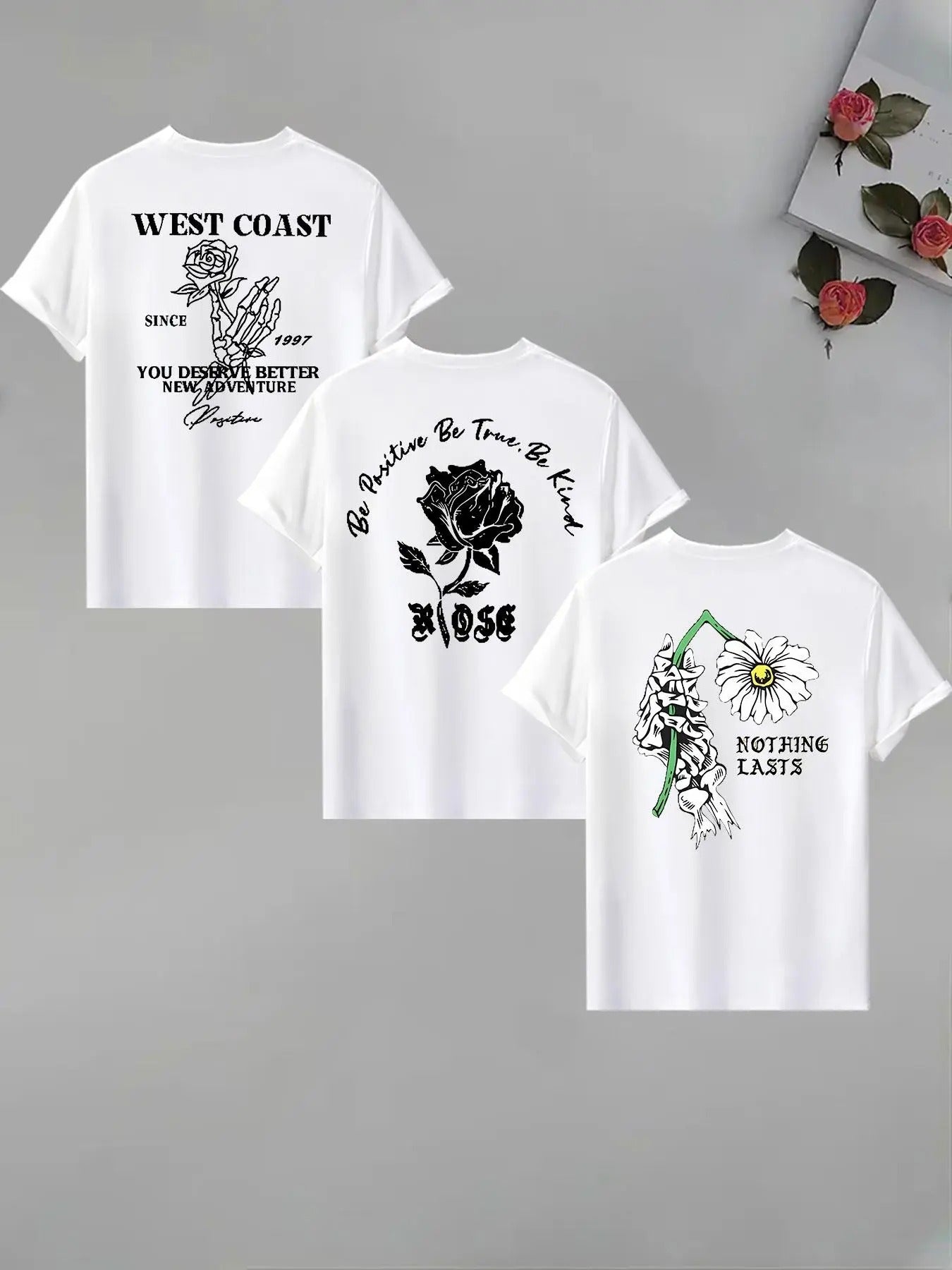 Men'WB shield Rose & Slogan Print Round Neck Tee, Loose Casual Fashion Short Sleeve T-shirt for Summer, Men'WB shield Top...