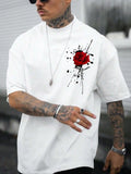 Men'WB shield Rose Print Drop Shoulder Tee, Summer TNF, Regular Fit Casual Style Tee Casual Street Half Sleeve Round Neck...