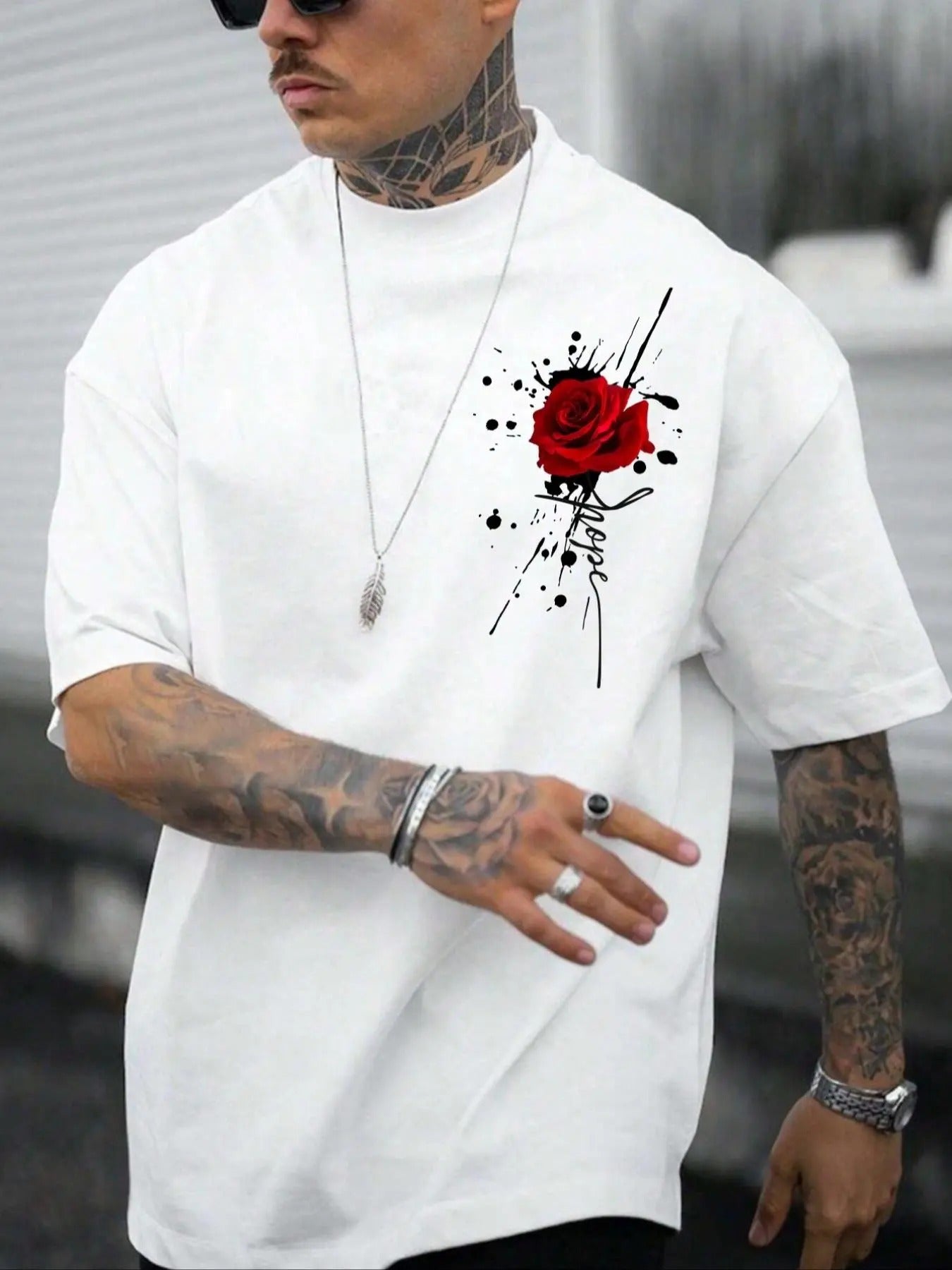 Men'WB shield Rose Print Drop Shoulder Tee, Summer TNF, Regular Fit Casual Style Tee Casual Street Half Sleeve Round Neck...