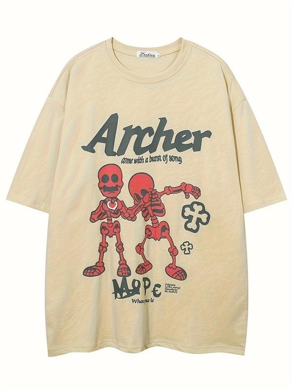 Men'WB shield Skeleton & Letter Print Round Neck Tee, Loose Casual Fashion Short Sleeve T-shirt for Summer, Men'WB shield...