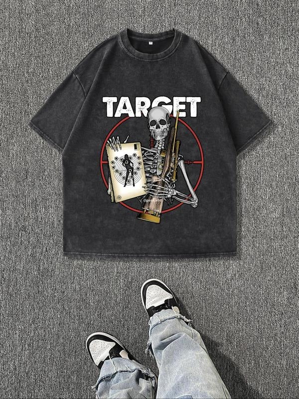 Men'WB shield Skeleton & Target Print Short Sleeve Graphic Tee, Casual Round Neck T-shirt for Summer, Fashion Men'WB...