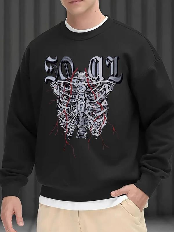 Men'WB shield Skeleton Print Drop Shoulder Sweatshirt, Loose Casual Long Sleeve Round Neck Pullover for Fall & Winter,...