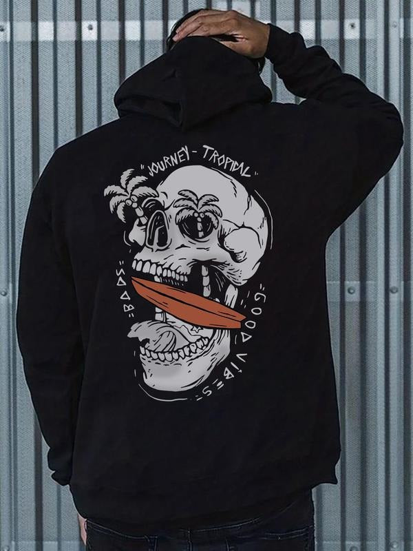 Men'WB shield Skull Print Drop Shoulder Hoodie, Fashion Casual Regular Fit Drawstring Pocket Hooded Sweatshirt for Daily...