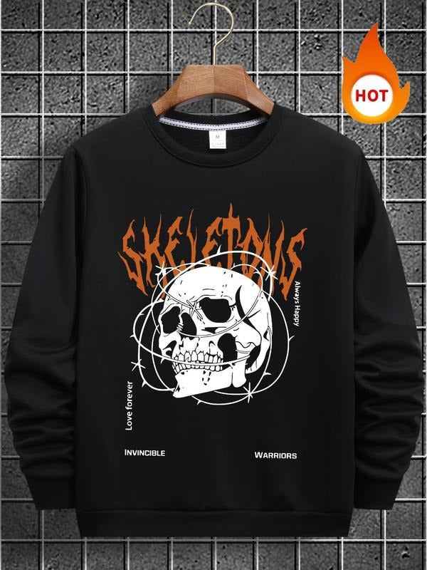 Men'WB shield Skull Print Round Neck Sweatshirt, Regular Fit Casual Long Sleeve Crew Neck Pullover for Fall & Winter,...