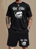 Men'WB shield Skull Print Short Sleeve Tee & Pocket Shorts Set, Loose Casual Round Neck T-shirt & Track Shorts, Summer...