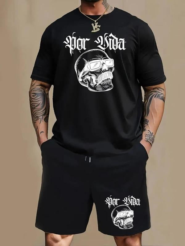 Men'WB shield Skull Print Short Sleeve Tee & Pocket Shorts Set, Loose Casual Round Neck T-shirt & Track Shorts, Summer...