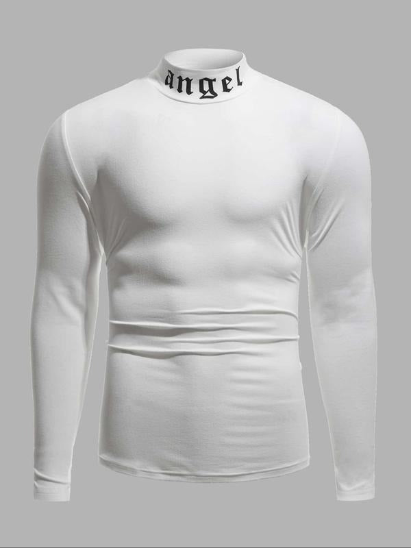 Men'WB shield Slim Letter Print Mock Neck Tee, Casual Long Sleeve T-Shirt for Spring & Fall, Men'WB shield Top for Daily...