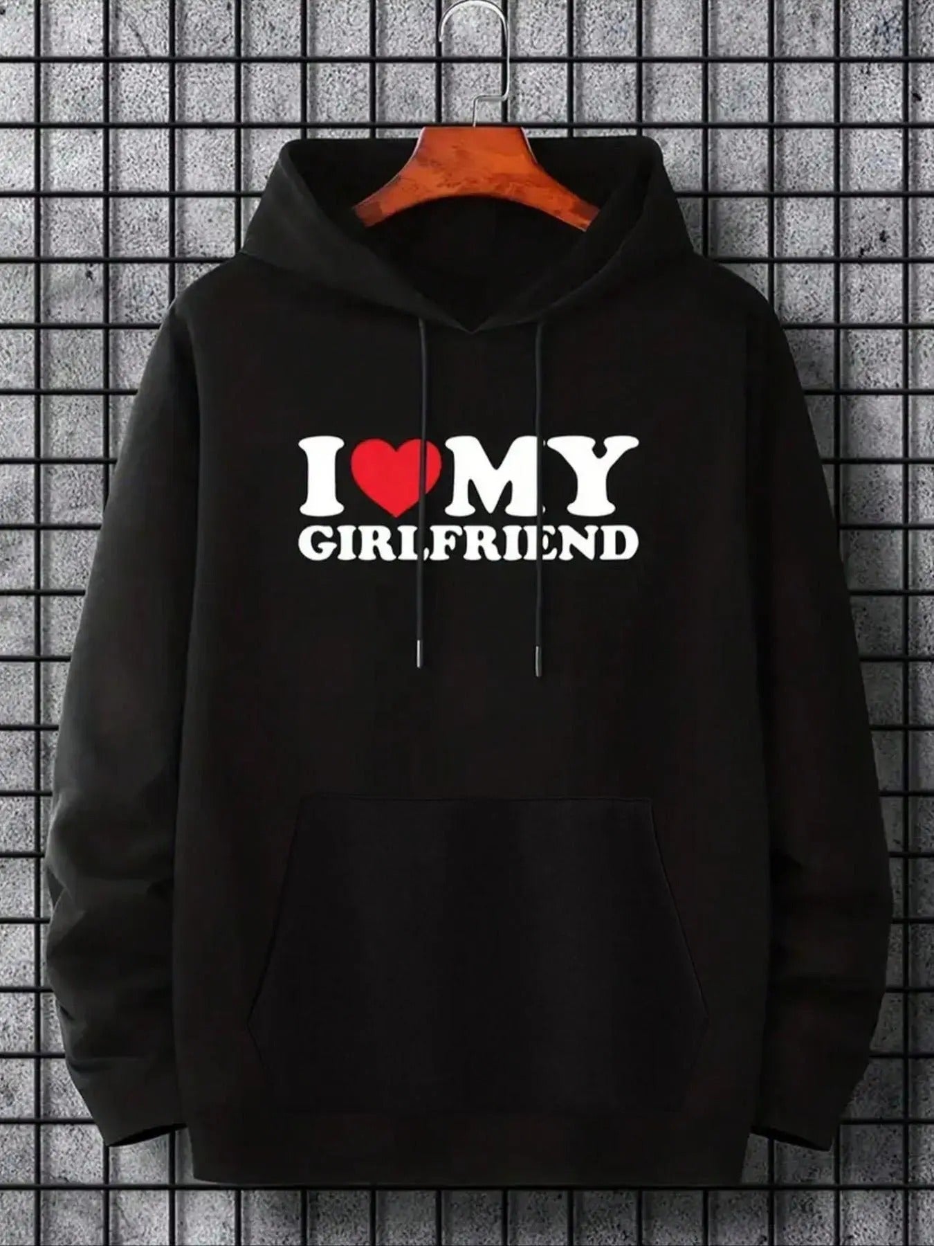Men'WB shield Slogan Heart Graphic Long Sleeve Hoodie, Casual Regular Fit "Swoosh Love My GF" Print Drawstring...