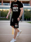 Men'WB shield Slogan Print Crew Neck Tee & Drawstring Waits Shorts Straw hat pirates Set, Loose Casual Comfy Round Neck...